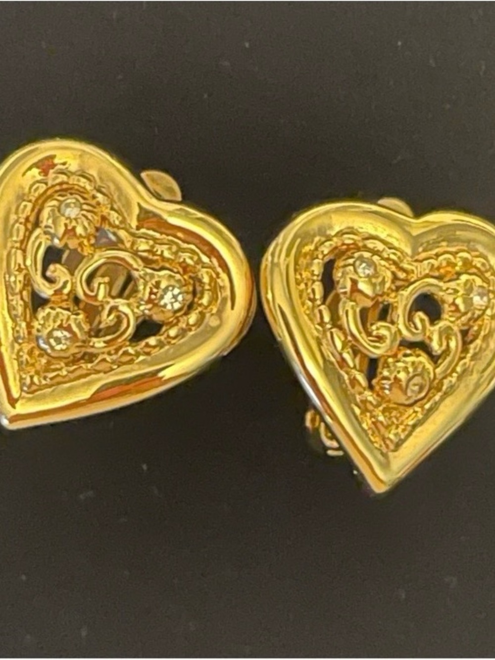 Vintage Signed Nina Ricci Gold Heart Rhinestone Clip-On Earrings EUC